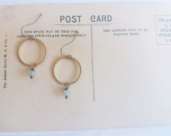 Golden Hoops with Aventurines - drop earrings - moss green gem stones and brass - modern jewellery