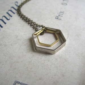 Double Hexagon charm necklace geometric mixed metals on brass modern jewellery image 1