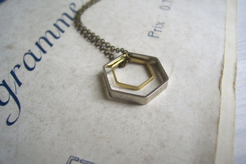 Double Hexagon charm necklace geometric mixed metals on brass modern jewellery image 1