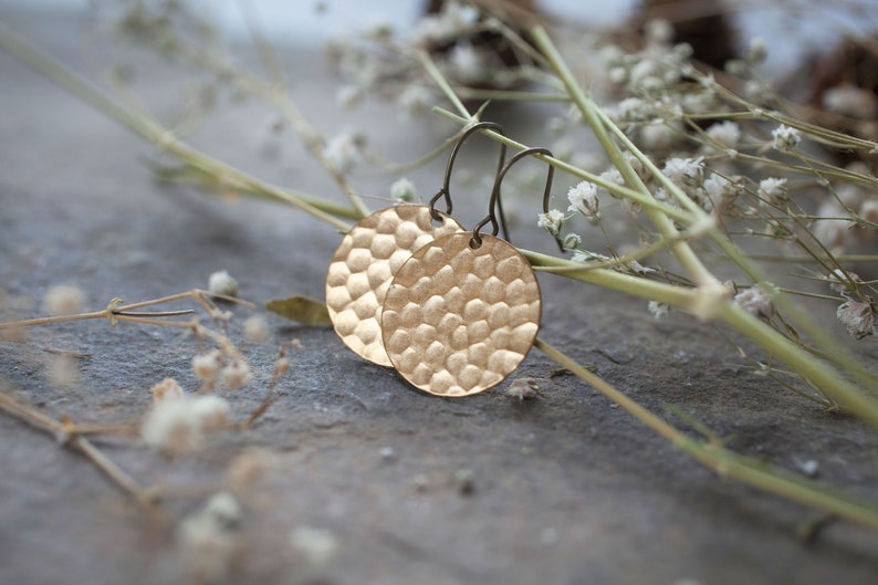 Gold Hammered Disc earrings Golden Sun raw brass textured circles nickel free image 3