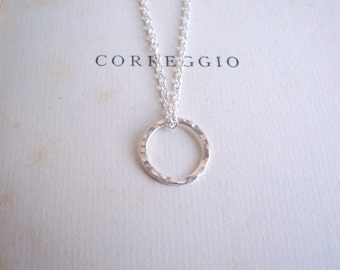 Simple Sterling Silver Circle on fine chain - minimalist jewellery - hammered textured ring charm - nickel free