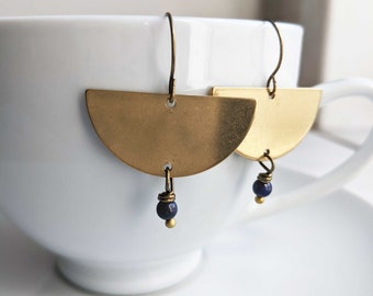 Golden Semi Circle earrings with blue Lapis Lazuli - deep blue stones and brass - modern jewellery