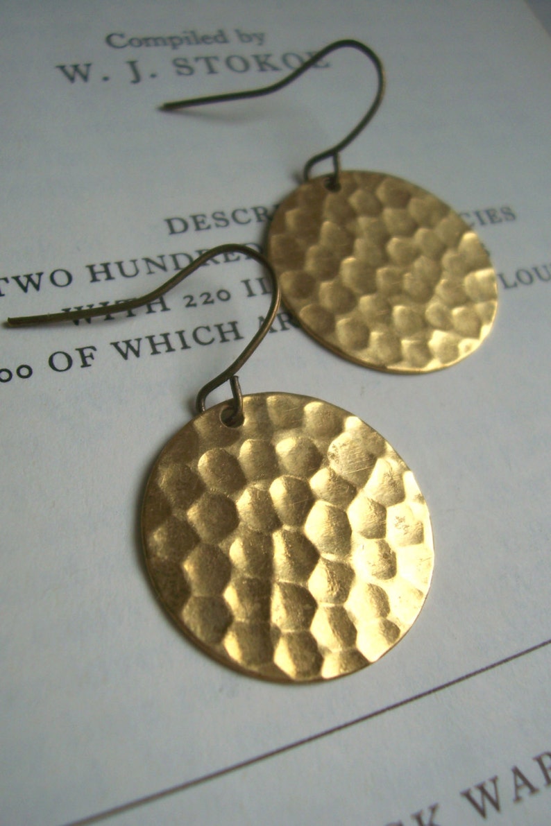 Gold Hammered Disc earrings Golden Sun raw brass textured circles nickel free image 2