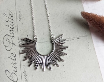 Silver Sunburst necklace - textured brass horseshoe on fine chain - silver plated - modern jewellery