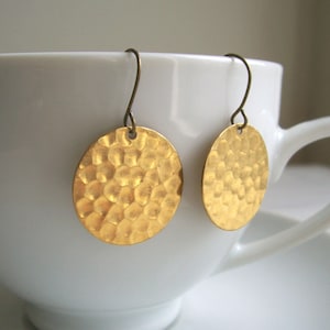 Gold Hammered Disc earrings Golden Sun raw brass textured circles nickel free image 1