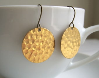 Gold Hammered Disc earrings - Golden Sun - raw brass - textured circles - nickel free