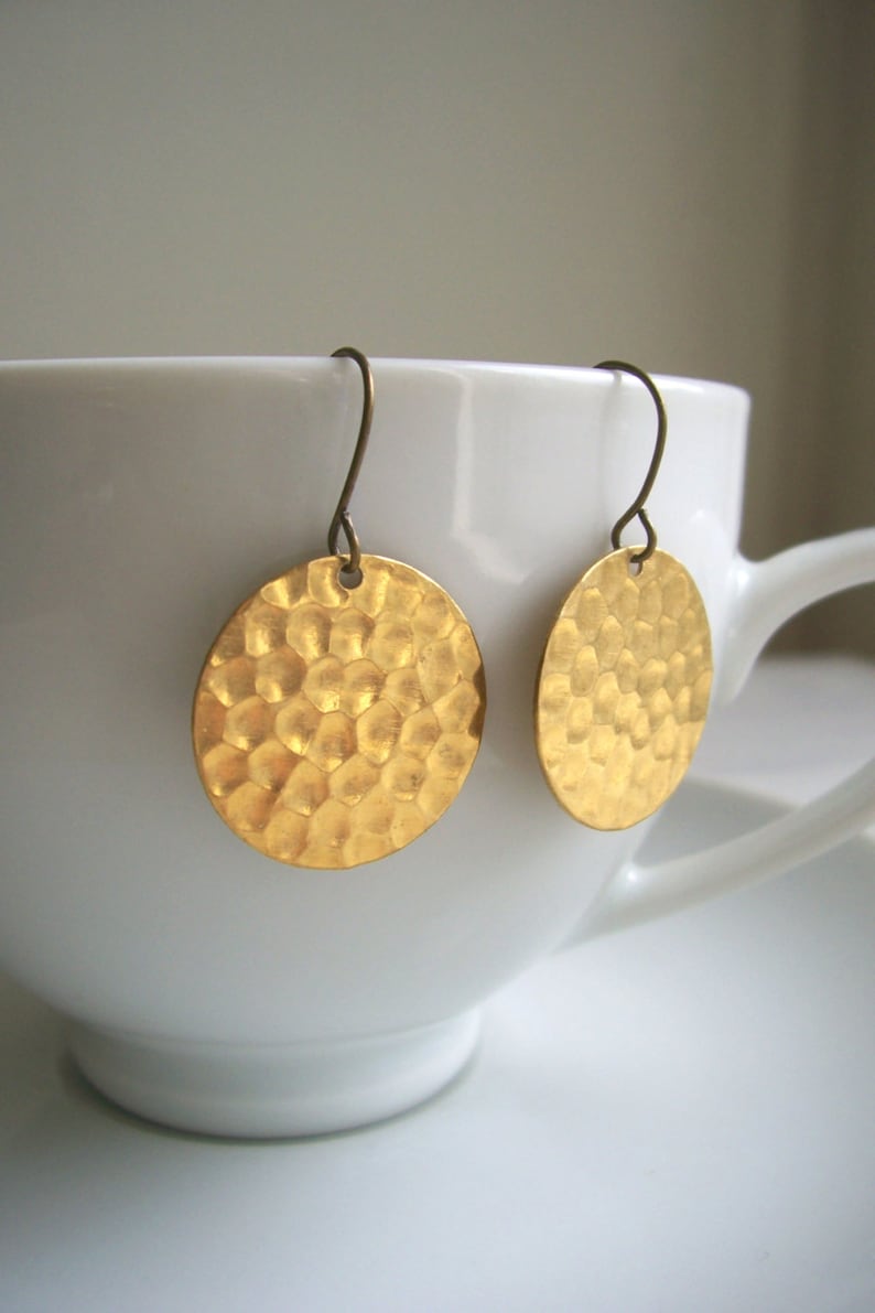Gold Hammered Disc earrings Golden Sun raw brass textured circles nickel free image 1