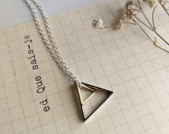 Double Triangle charm necklace - geometric mixed metals on silver - minimalist jewellery