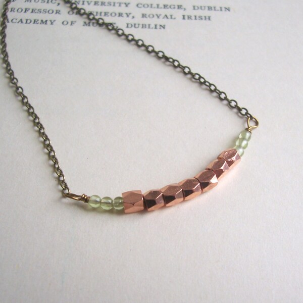 Copper and Peridot row necklace - delicate beads - green gemstones - modern wedding jewellery
