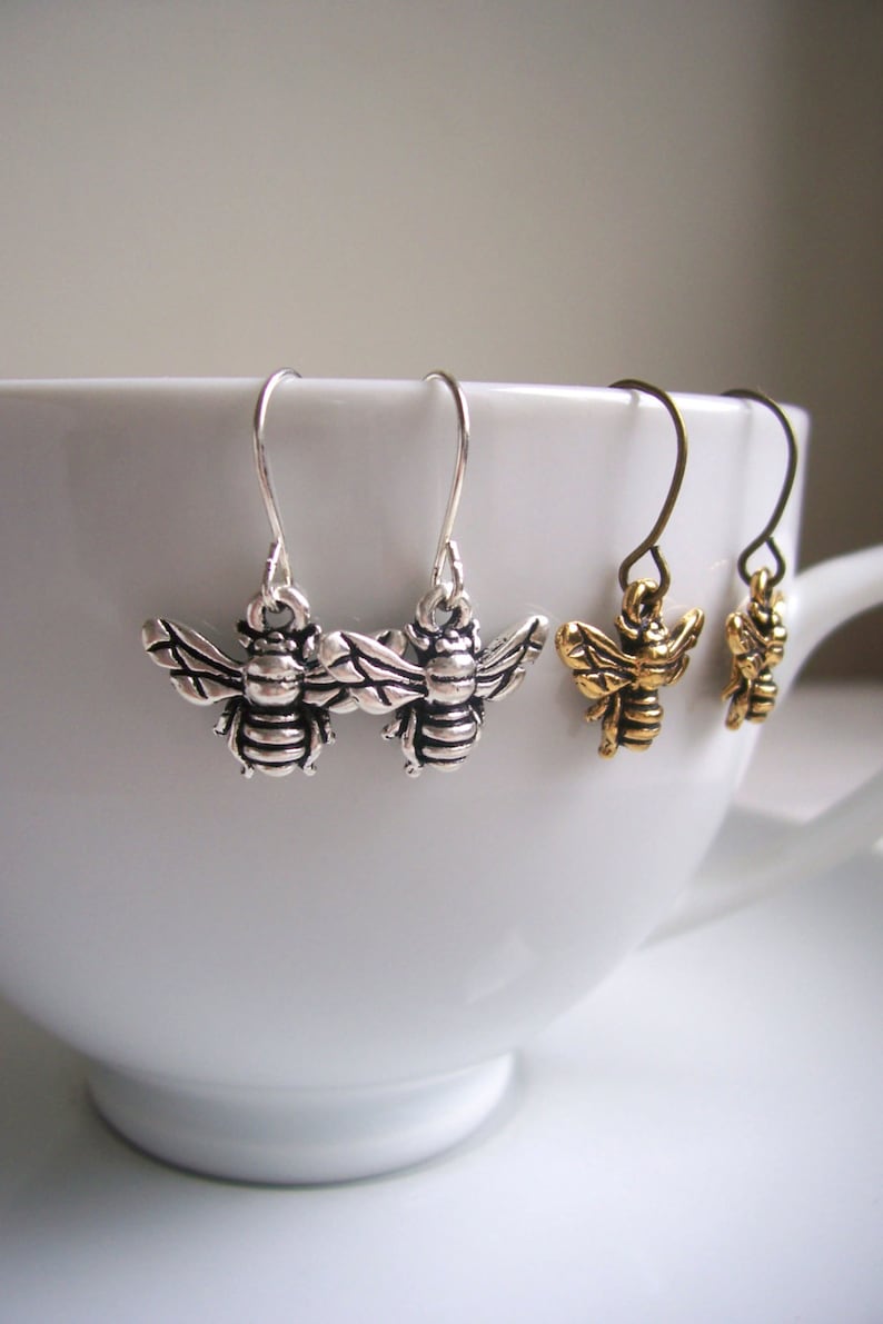 Petite Silver Bee charm earrings little bees gift for gardener nickel free image 1