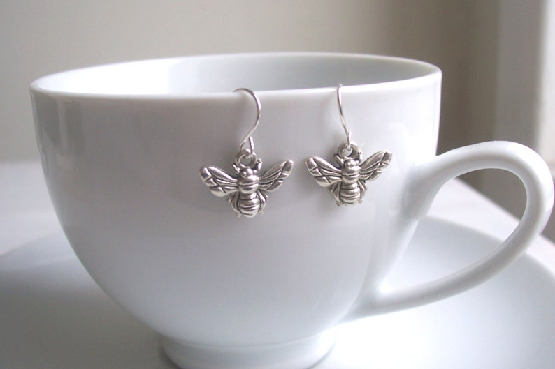 Petite Silver Bee charm earrings little bees gift for gardener nickel free image 2