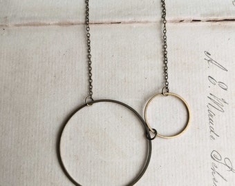 Two Circles necklace - orbits - golden brass circles - one large one small - moon gazing - nickel free jewellery
