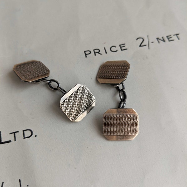Vintage Sterling Silver and Gold cufflinks - stamped silver and 9ct gold - 1950s - patterned links - HG and S