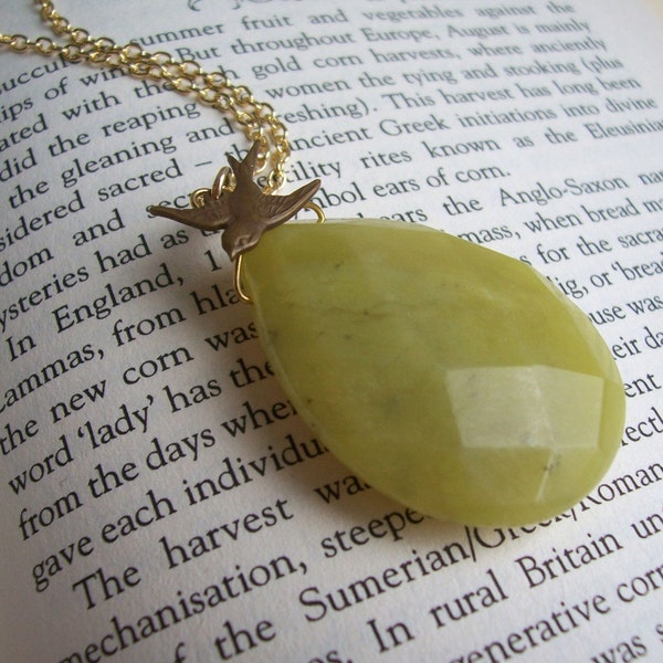 One day I'll fly away necklace - olive green jade and little bird on gold necklace - handmade