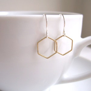 Delicate Honeycomb hexagon earrings - mixed metals golden brass and silver - geometric jewellery