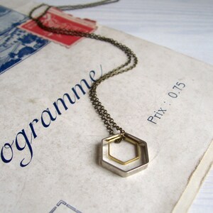 Double Hexagon charm necklace geometric mixed metals on brass modern jewellery image 2