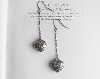 Long Puffy Silver Heart earrings on Chains - vintage charms on bronze chain - upcycled jewellery - nickel free hooks