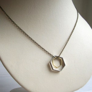 Double Hexagon charm necklace geometric mixed metals on brass modern jewellery image 3