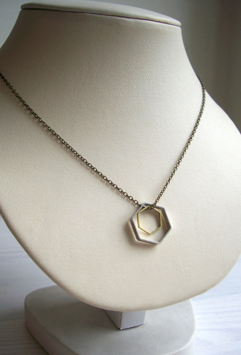 Double Hexagon charm necklace geometric mixed metals on brass modern jewellery image 3