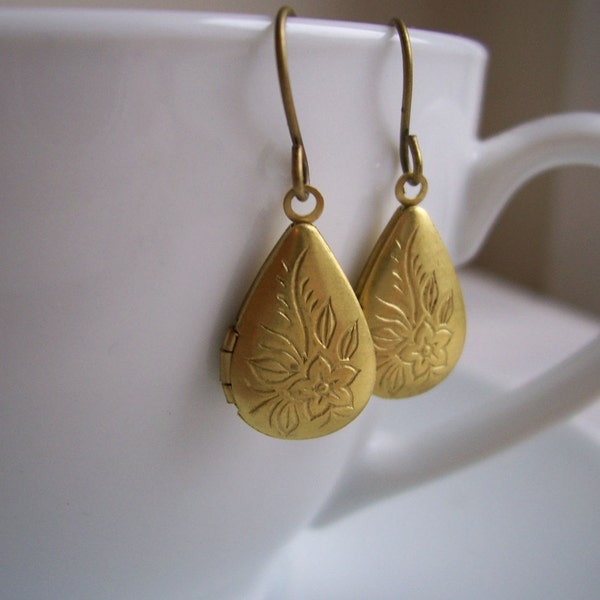 Little Locket earrings - brass teardrop lockets - handmade