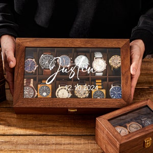 Gepersonaliseerde horlogedoos voor mannen, aangepaste horlogekast voor mannen, Vaderdagcadeaus, reishorlogekast, 10-jarig jubileumcadeau voor echtgenoot, vriend
