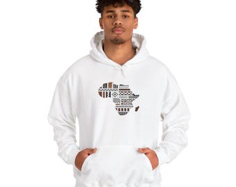 May include: White hooded sweatshirt with a graphic of the continent of Africa in brown and black geometric patterns.