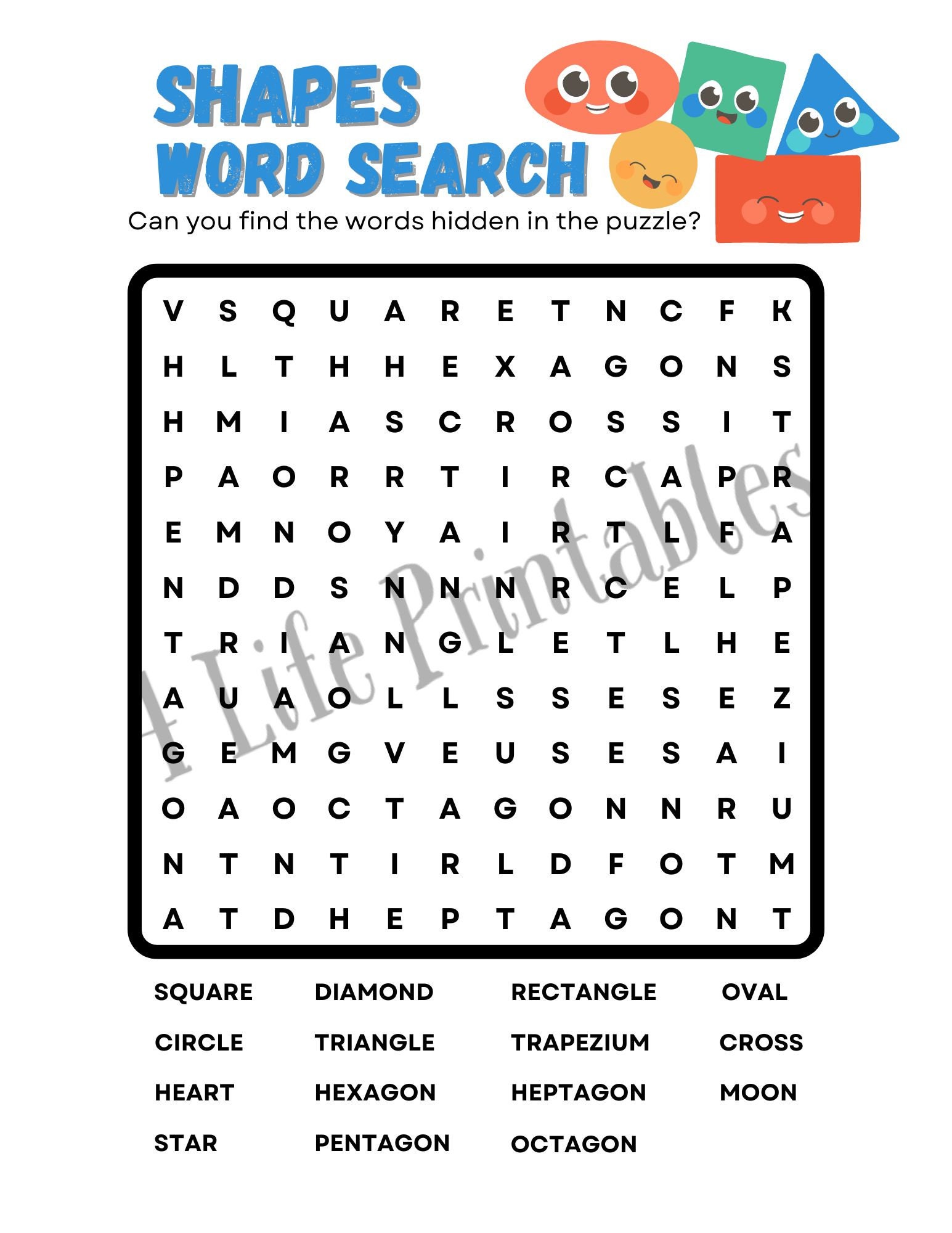 Printable Kids Word Search, Educational Kids Word Search, Spelling