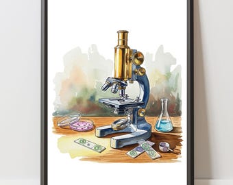 Aquarell-Mikroskop-Wand-Kunst | Wissenschaftslabor Dekor | Medizinische Illustration Druck