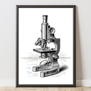 May include: Black and white framed print of a vintage microscope. The detailed illustration shows the instrument's various components, including lenses, adjustment knobs, and a stage. The artwork is set against a white background, with a subtle line indicating a surface.
