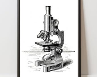 Ilustración de microscopio vintage / Arte mural de laboratorio científico antiguo / Decoración con dibujo científico imprimible