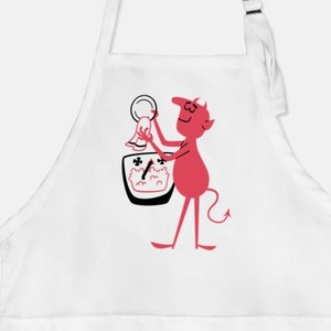 May include: White apron with a red devil cartoon character washing dishes. The devil is wearing a red apron and holding a dish towel. The apron has a large pocket on the front.