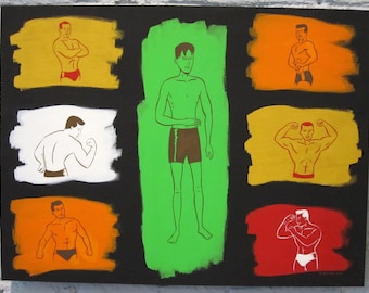May include: A painting of six men in various poses, each wearing swim trunks. The men are painted in different colors against a black background. The painting is divided into six sections, each with a different color background. The colors are yellow, white, green, yellow, red, and orange.