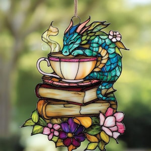 Drachen und Buch Tee Suncatcher Fensterbehang, Fantasy Reader Ornament, Perfektes literarisches Geschenk für Buchliebhaber und Leser