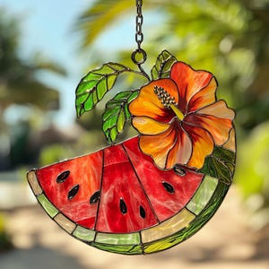 Wassermelone Acryl Suncatcher - Sommer Obst Faux Buntglas Fensterschmuck mit Hibiskus Blume, Tropical Home Decor