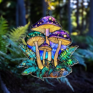 Mushrooms Acrylic Suncatcher, Boho Crystal Glass Faux Stained Glass Ornament, Nature Lovers Home Decor Gift for Window