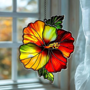Tropischer Blumen-Faux-Buntglas-Suncatcher, Hibiskus-Acrylfensterbehang, lebendige Blumenwohnkultur