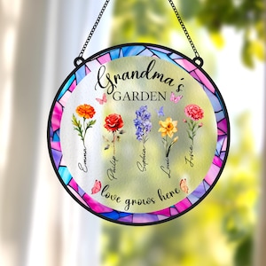 Personalized Grandma&#39;s Garden Birth Month Flower Suncatcher, Mother&#39;s Day Gift for Grandma, Nana Gift from Grandkids