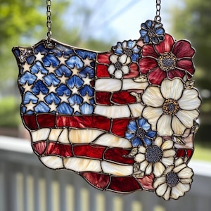 4th of July Floral Suncatcher – Red White Blue Faux Stained Glass Window Art – Patriotic Summer Home Decor