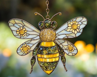 Bee Faux Stained Glass Suncatcher, Honeybee Acrylic Window Hanging, Garden Decor Gift, Faux Stained Glass Bee Ornament, Nature Lover Gift