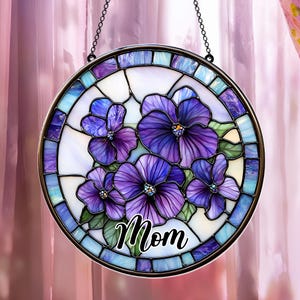 Birth Flower Suncatcher with Name, Personalized Stained Glass Window Hanging, Mother’s Day Gift for Mom or Grandma