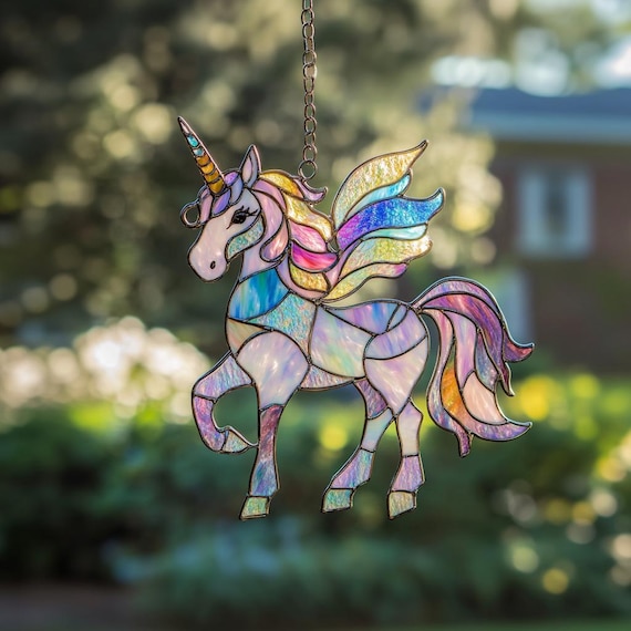 ユニコーンのステンドグラス 壁掛け サンキャッチャー 夜空の