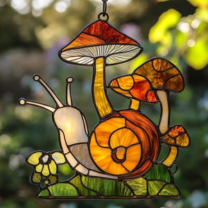 Mushrooms with Snail Acrylic Stained Glass Window Hanging, Pink Mushroom Suncatcher, Cottagecore Home Decor, Perfect Gift for Friends