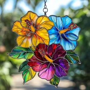 Tropisches Hibiskus-Trio Acryl-Sonnenfänger - farbenfroher Glasmalerei-Fensterschmuck, helles Sommerblumendekor für Haus oder Terrasse