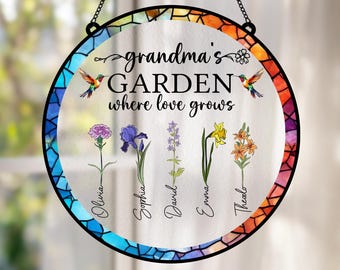 Grandma’s Garden Suncatcher, Stained Glass Effect Acrylic Window Hanging, Personalized Floral Gift for Mother’s Day or Mom