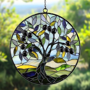Olive Tree Suncatcher – Nature Faux Stained Glass Window Art – Peaceful Nature Decor for Garden or Kitchen