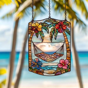 Summer Vibes Acryl Suncatcher - Palmen Faux Buntglas Fensterschmuck für Strandliebhaber Beach Vibe Decor