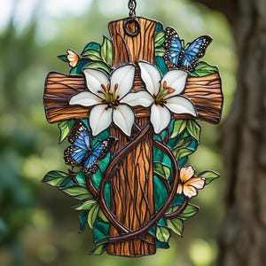 Rustic Wood Cross Acrylic Window Hanging – White Lily Faux Stained Glass Suncatcher With Butterflies Christmas Home Decor Religious Gift
