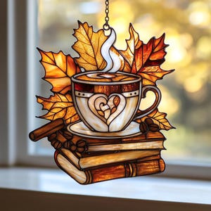 Cozy Coffee And Book Lover Acrylic Suncatcher, Autumn Leaves Faux Stained Glass Window Hanging, Gift For Fall Reading Nook
