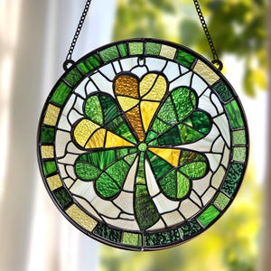Shamrock Faux Stained Glass Window Hanging, Acrylic Suncatcher for Irish Decor, Perfect St. Patrick’s Day Decoration and Shamrock Gifts