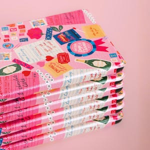 Pode incluir: Uma pilha de cadernos cor-de-rosa com um design de colagem. Os cadernos apresentam uma variedade de ilustrações, incluindo uma rosa, garrafas de champanhe e texto. As bordas dos cadernos são brancas e cor-de-rosa com texto. O fundo é rosa liso.